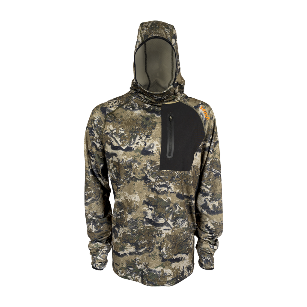 Spika men's microfleece hunting hoodie in Biarri Camo, front view with black zip chest panel