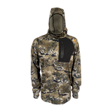 Spika men's microfleece hunting hoodie in Biarri Camo, front view with black zip chest panel
