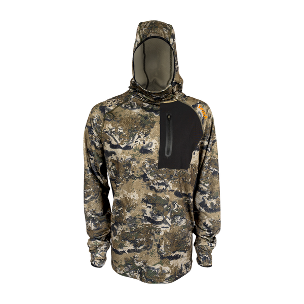 Spika men's microfleece hunting hoodie in Biarri Camo, front view with black zip chest panel