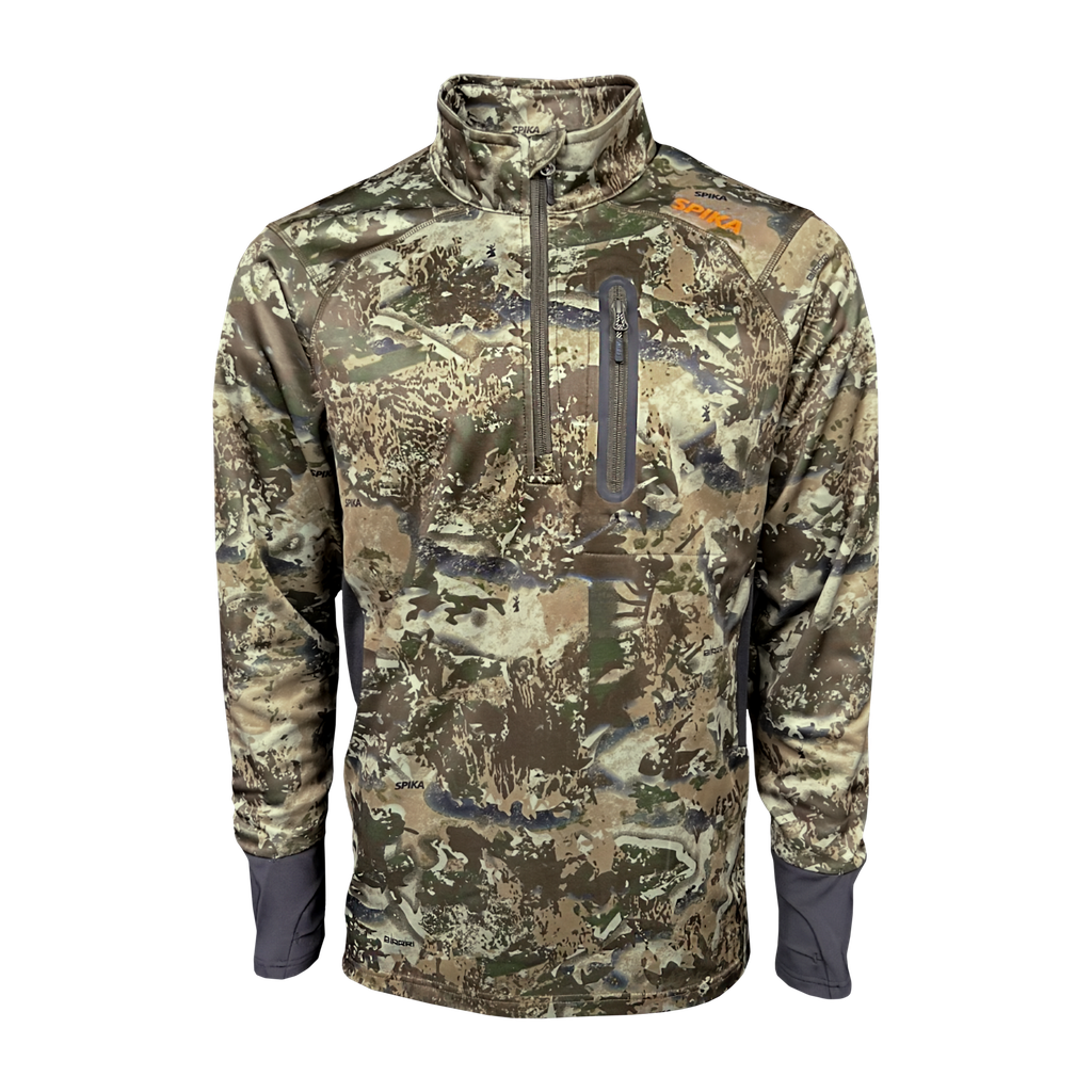 Spika Recoil men's performance quarter-zip top in Biarri Camo, front view with zip chest pocket