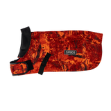 Spika Campside dog jacket in Biarri Blaze orange camo with black collar and adjustable strap