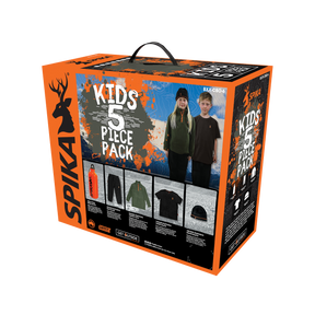 Spika Kids 5 Piece Box Pack in orange gift box showing the fleece, tee, pants, beanie and bottle