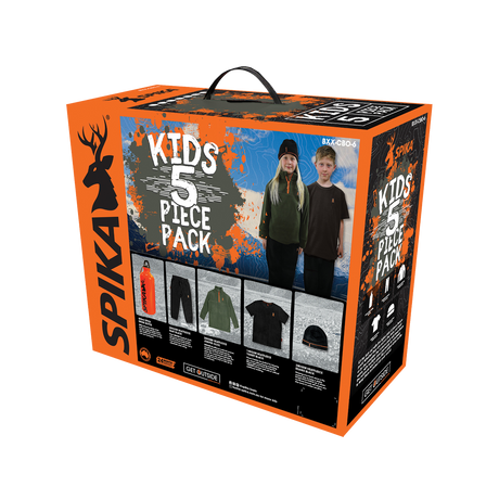 Spika Kids 5 Piece Box Pack in orange gift box showing the fleece, tee, pants, beanie and bottle