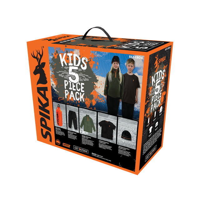 Spika Kids 5 Piece Box Pack in orange gift box showing the fleece, tee, pants, beanie and bottle
