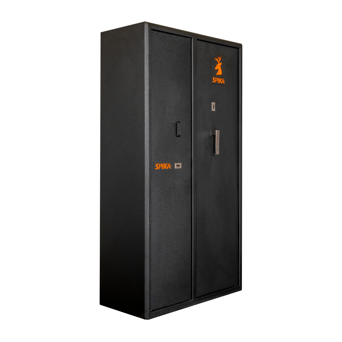 Spika SDD double door 9-gun safe, angled view from the left showing the side panel