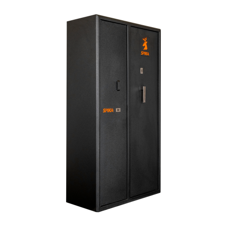 Spika SDD double door 9-gun safe, angled view from the left showing the side panel