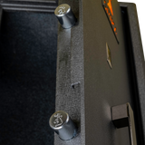 Close-up of the Spika SDD safe door edge with two stag-stamped locking bolts and handle