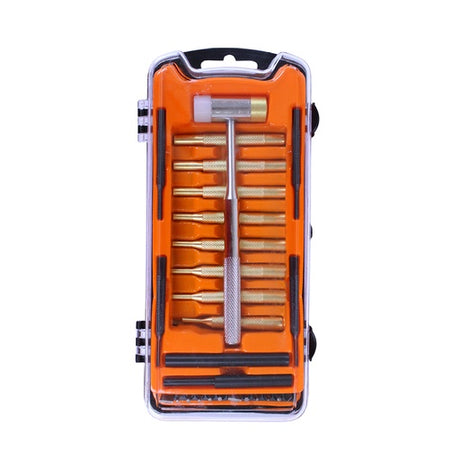 Spika gunsmith punch set with brass punches and hammer in orange-lined clear carry case