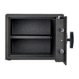 Spika SP digital pistol safe with door open showing carpeted shelf and locking bolts