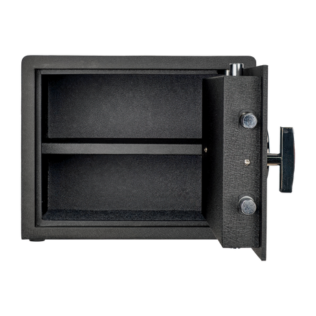 Spika SP digital pistol safe with door open showing carpeted shelf and locking bolts