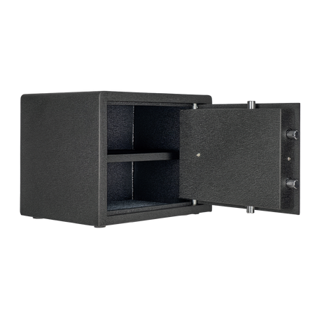 Spika SP digital pistol safe open at an angle showing interior shelf and door