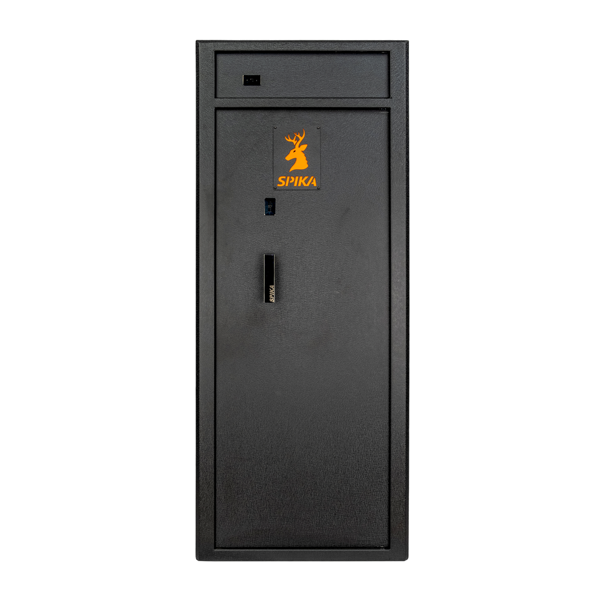 Spika S4 base range 15-gun safe front view with top ammo compartment, key lock and handle