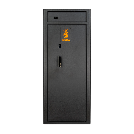 Spika S4 base range 15-gun safe front view with top ammo compartment, key lock and handle