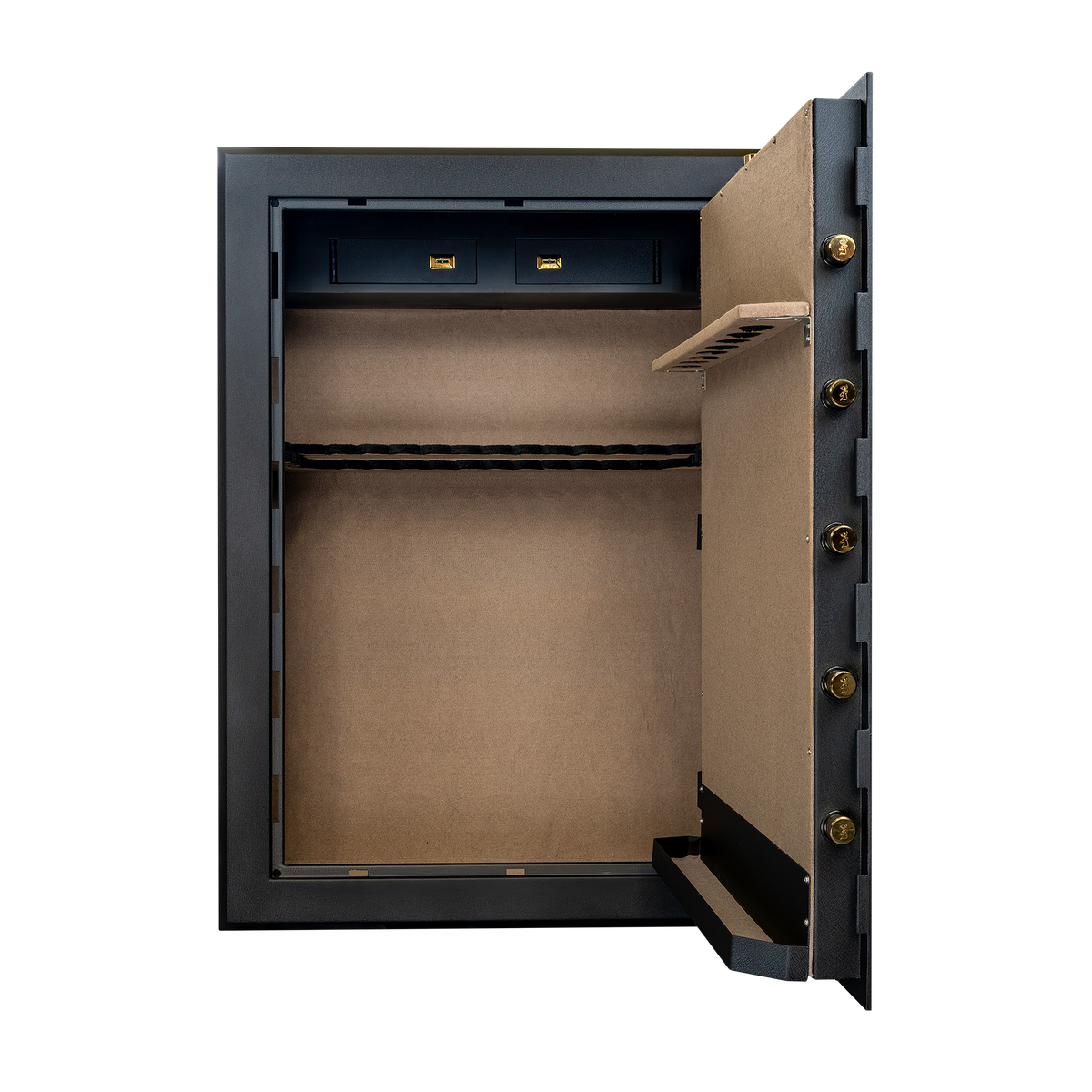 Spika SCH2 extra large 33-gun safe open showing lined interior, top lockboxes and rifle rack