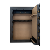 Spika SCH2 extra large 33-gun safe open showing lined interior, top lockboxes and rifle rack