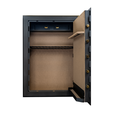 Spika SCH2 extra large 33-gun safe open showing lined interior, top lockboxes and rifle rack
