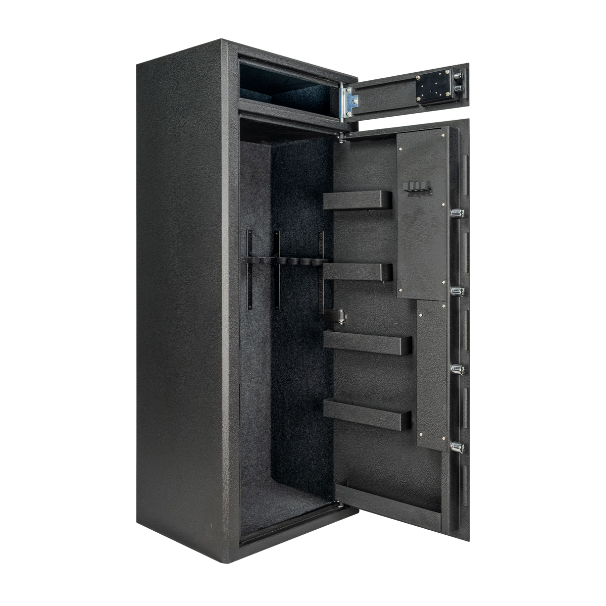 Spika S4 15-gun safe open at an angle showing lockbox and barrel holders on the door