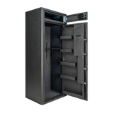 Spika S4 15-gun safe open at an angle showing lockbox and barrel holders on the door
