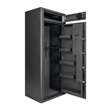 Spika S4 15-gun safe open at an angle showing lockbox and barrel holders on the door