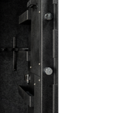 Close-up of the Spika S4 gun safe door edge with stag-stamped locking bolts and barrel holders