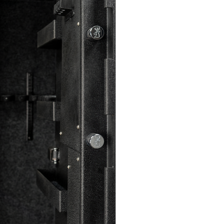 Close-up of the Spika S4 gun safe door edge with stag-stamped locking bolts and barrel holders