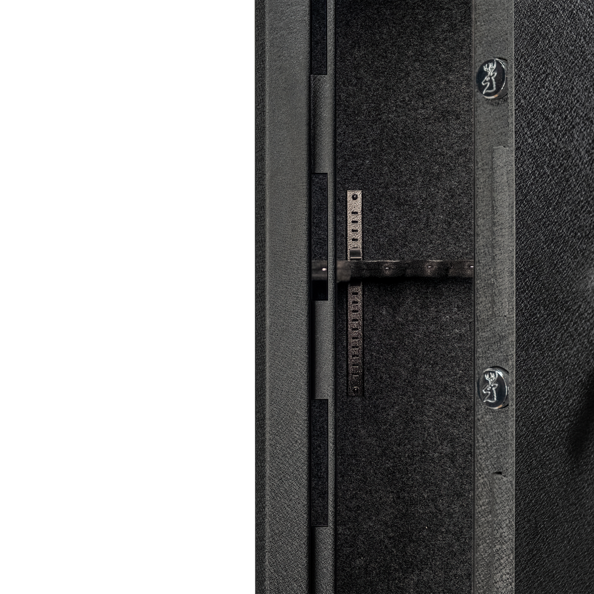 Close-up of the Spika S4 gun safe interior showing adjustable rack rail and locking bolts