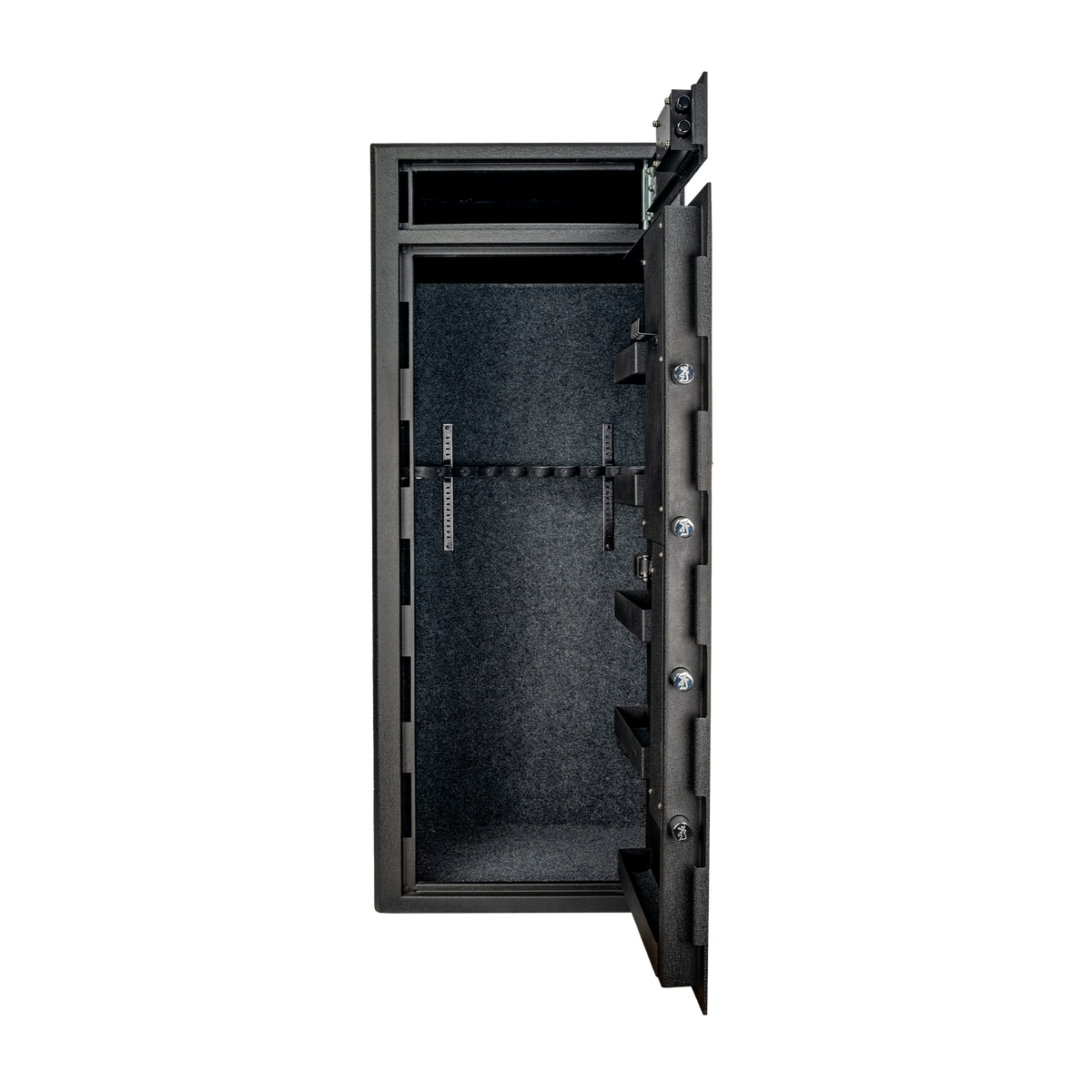 Spika S4 base range 15-gun safe with door open showing carpeted interior and rifle rack