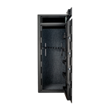 Spika S4 base range 15-gun safe with door open showing carpeted interior and rifle rack