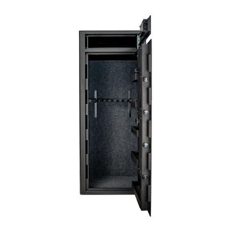 Spika S4 base range 15-gun safe with door open showing carpeted interior and rifle rack