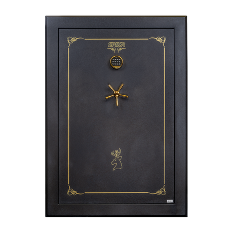 Spika SCH2 extra large 33-gun safe front view with digital keypad and brass spoke handle