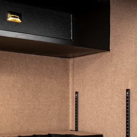 Close-up of the Spika SCH2 safe top lockbox shelf and tan-lined interior with rails