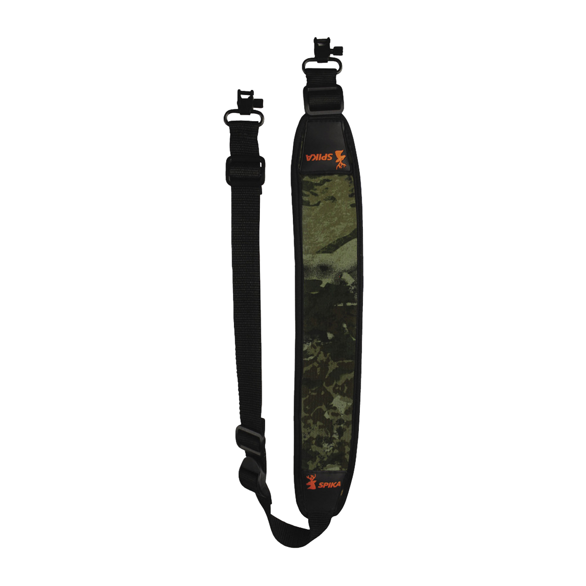 Spika Alpine rifle sling in Biarri Camo with black webbing strap, orange Spika logos and swivels