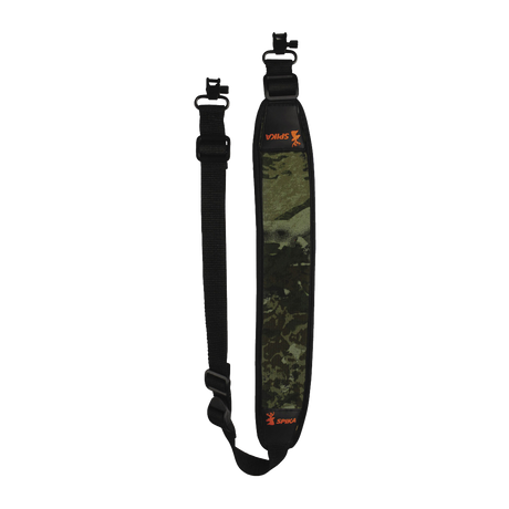 Spika Alpine rifle sling in Biarri Camo with black webbing strap, orange Spika logos and swivels