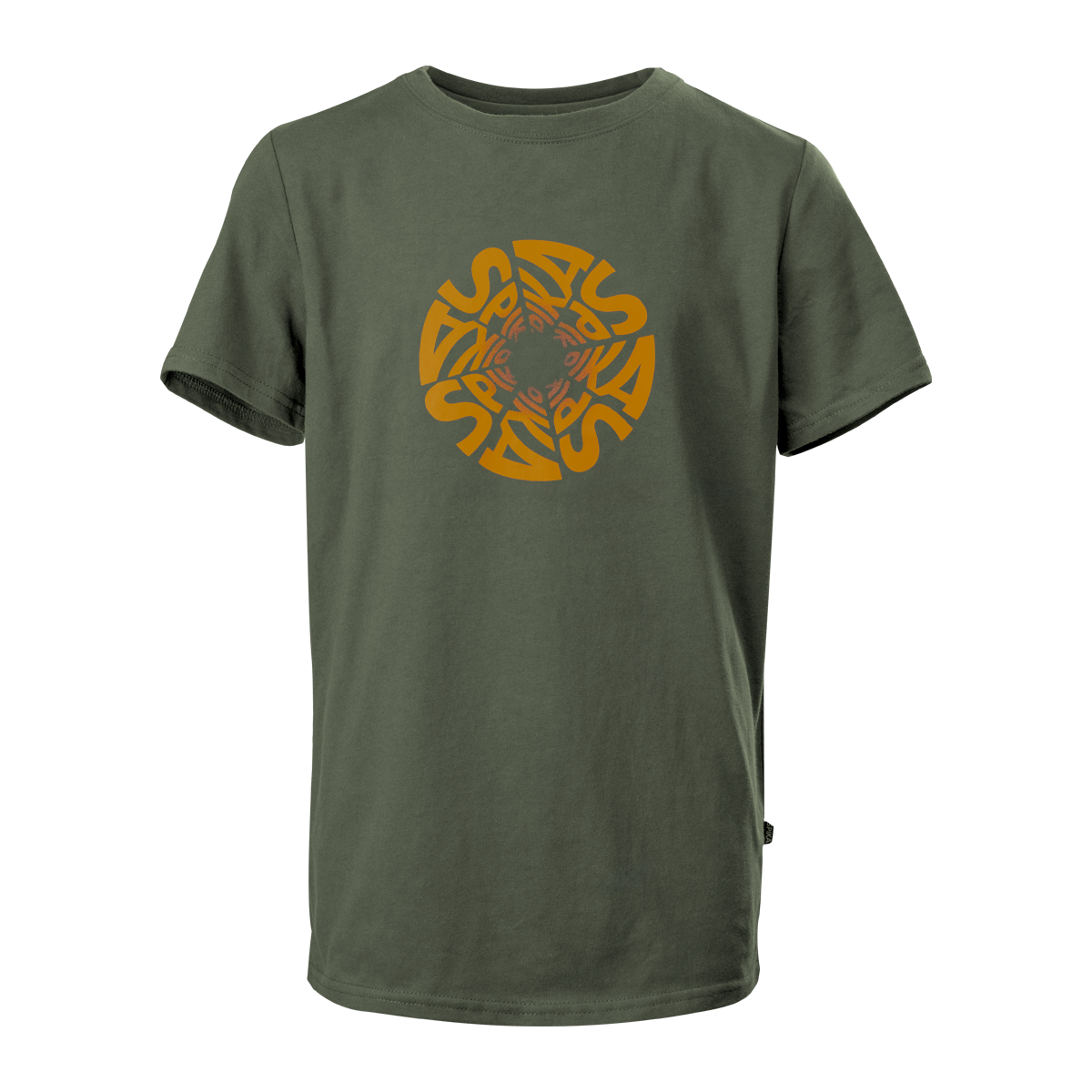 Spika GO Seeker kids' t-shirt in Olive, front view with orange circular Spika logo graphic