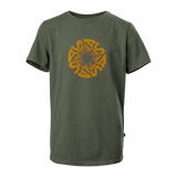Spika GO Seeker kids' t-shirt in Olive, front view with orange circular Spika logo graphic