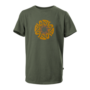 Spika GO Seeker kids' t-shirt in Olive, front view with orange circular Spika logo graphic