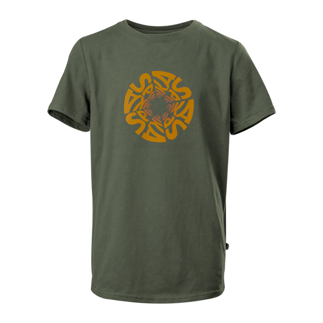 Spika GO Seeker kids' t-shirt in Olive, front view with orange circular Spika logo graphic