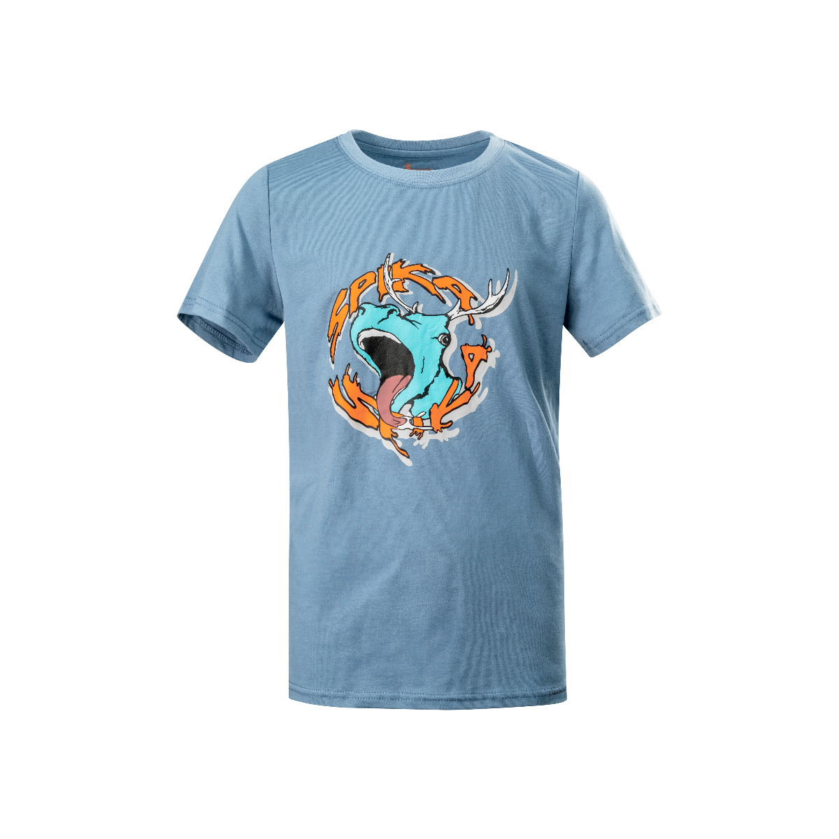 Spika GO Rogue kids' T-shirt in blue, front view with bellowing stag cartoon SPIKA graphic