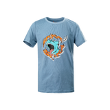 Spika GO Rogue kids' T-shirt in blue, front view with bellowing stag cartoon SPIKA graphic