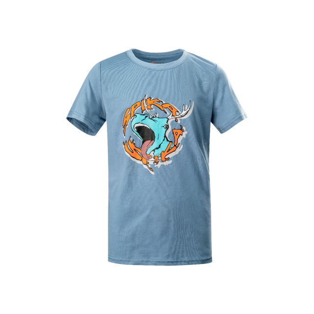 Spika GO Rogue kids' T-shirt in blue, front view with bellowing stag cartoon SPIKA graphic