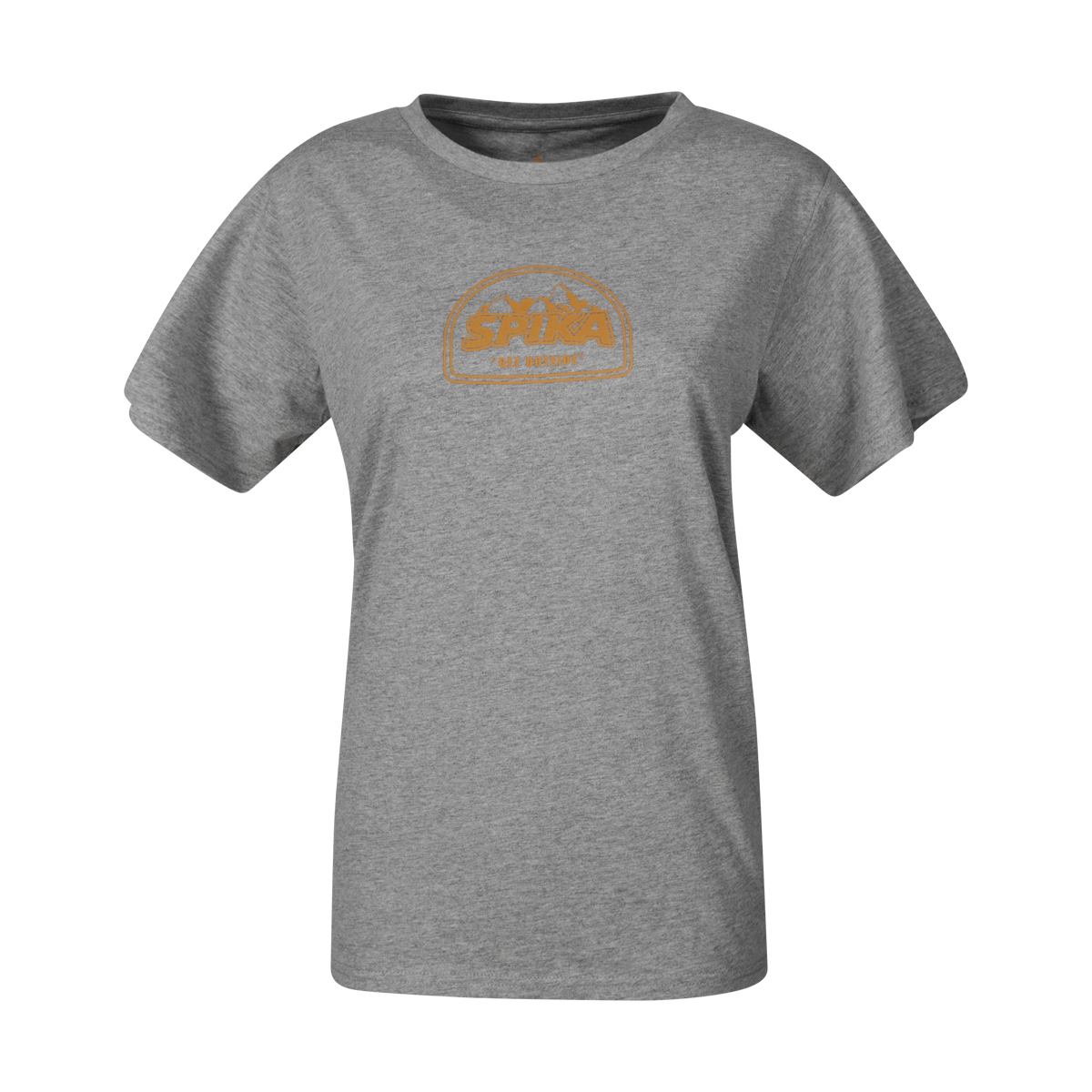 Spika GO Mountain women's T-shirt in grey marle, front view with orange mountain SPIKA badge print