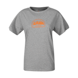 Spika GO Mountain women's T-shirt in grey marle, front view with orange mountain SPIKA badge print