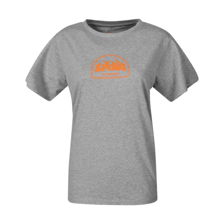 Spika GO Mountain women's T-shirt in grey marle, front view with orange mountain SPIKA badge print