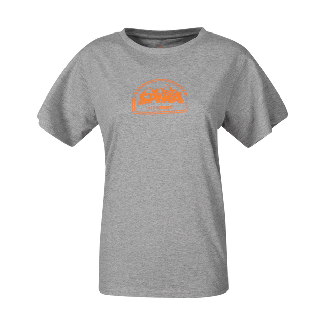 Spika GO Mountain women's T-shirt in grey marle, front view with orange mountain SPIKA badge print