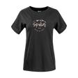 Spika GO Nomadic women's T-shirt in black, front view with pink script Spika Wild & Free print