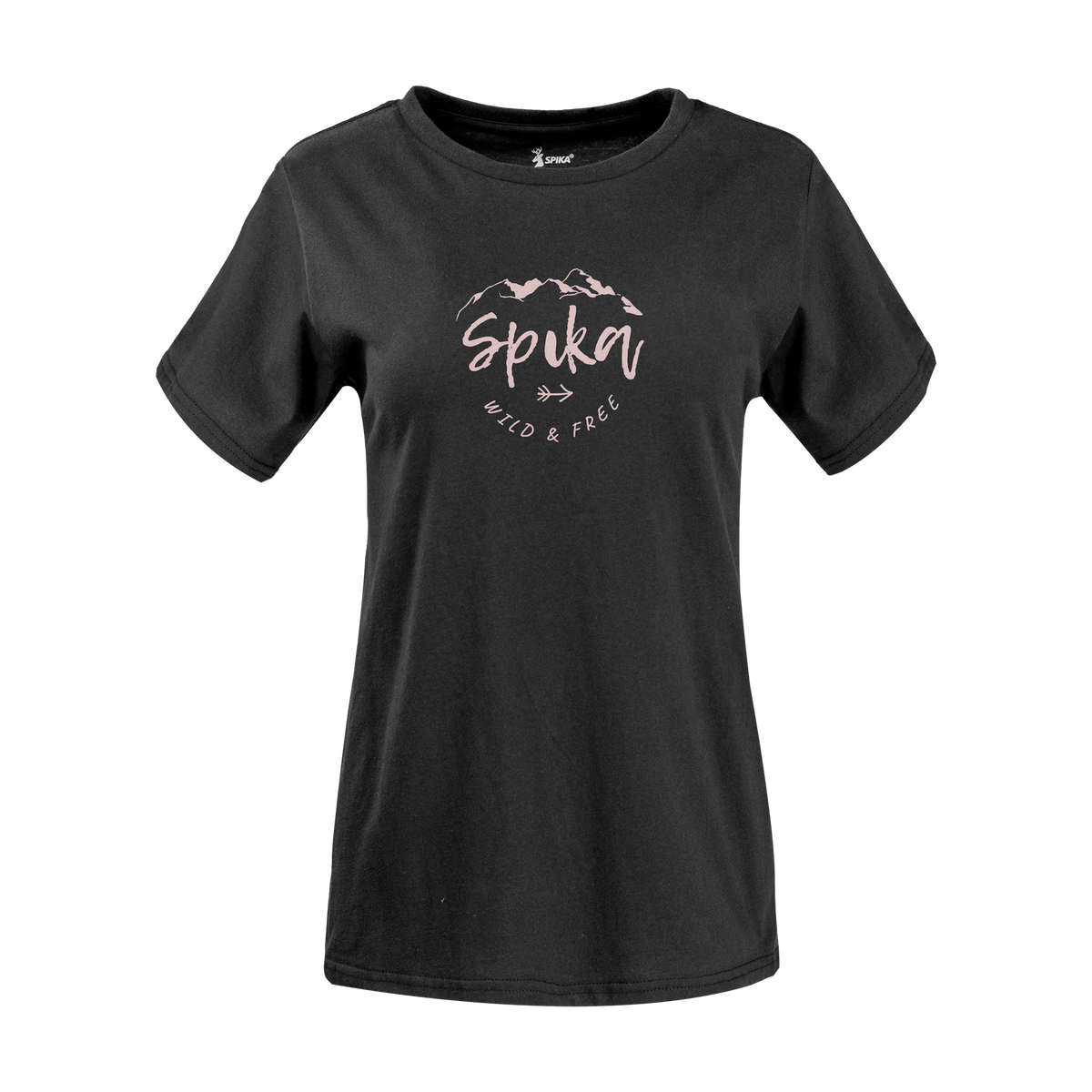 Spika GO Nomadic women's T-shirt in black, front view with pink script Spika Wild & Free print