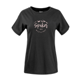 Spika GO Nomadic women's T-shirt in black, front view with pink script Spika Wild & Free print