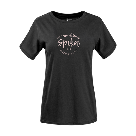 Spika GO Nomadic women's T-shirt in black, front view with pink script Spika Wild & Free print