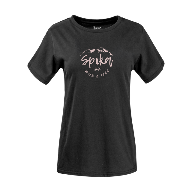 Spika GO Nomadic women's T-shirt in black, front view with pink script Spika Wild & Free print