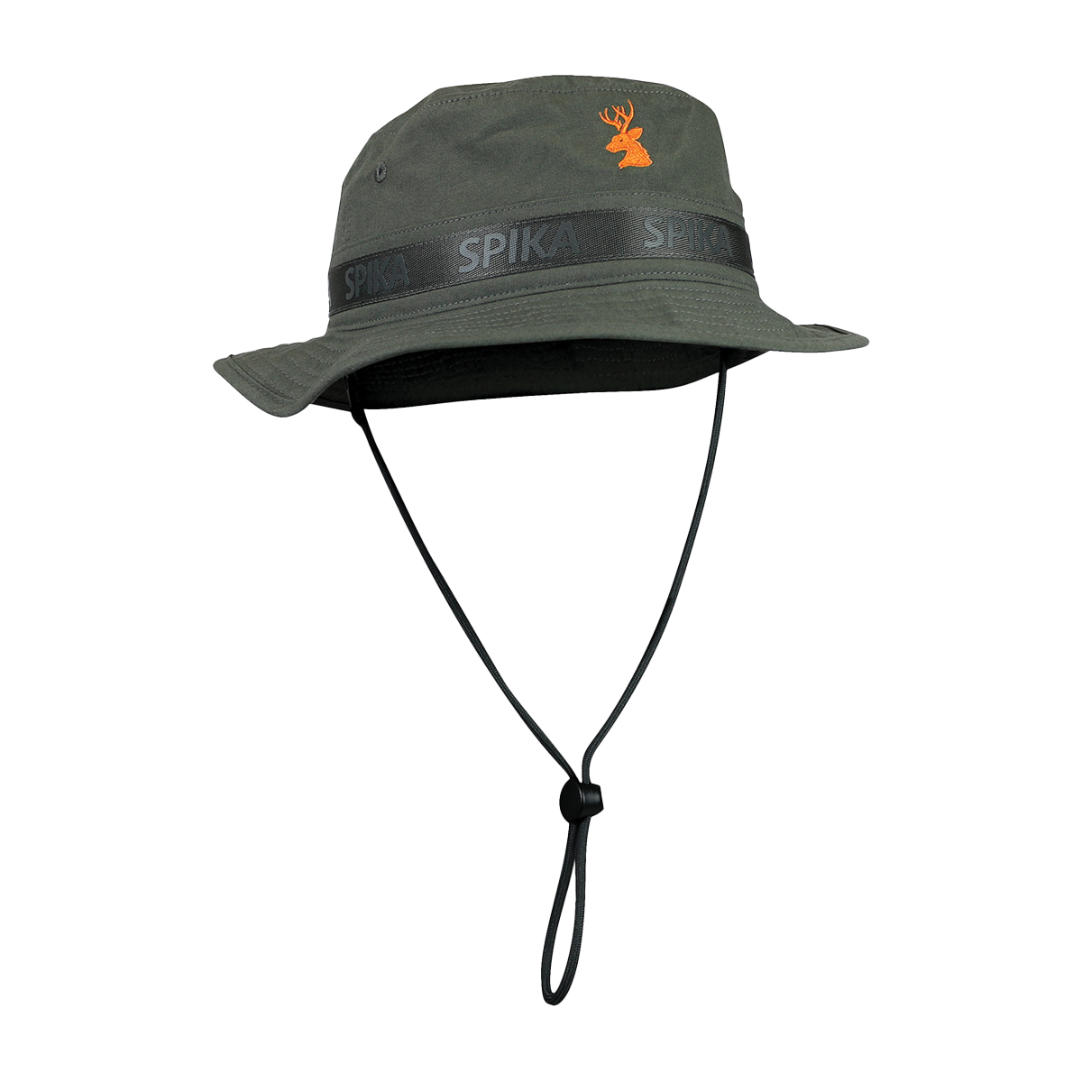 Spika Guide adult bucket hat in Olive with orange deer logo, SPIKA band and chin cord